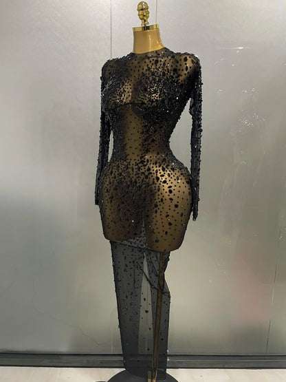 Sexy Shinny Rhinestone Stretch Mesh Transparent Long Dress 2025New Women Evening Birthday Party Prom Nightclub Singer Stage Wear