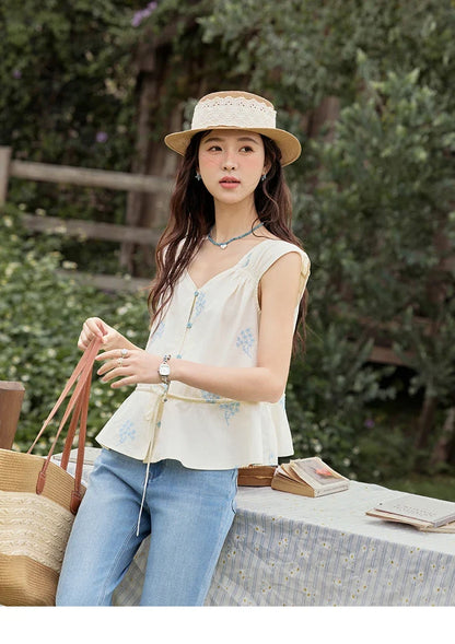 Print French Summer Shirts for Women New 2025 Sleeveless V-neck Blue Flower Cotton Blouses Female Fashion Tops MXE32X1777