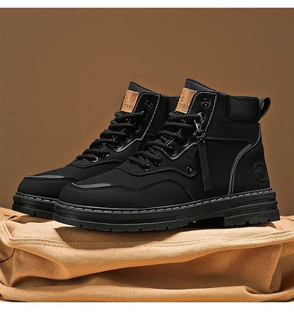 Men Boots  Autumn High Top British Korean Thick Soled Platform Comfortable Non Slip Short Boots Outdoor Lace Up Cotton Boots 202