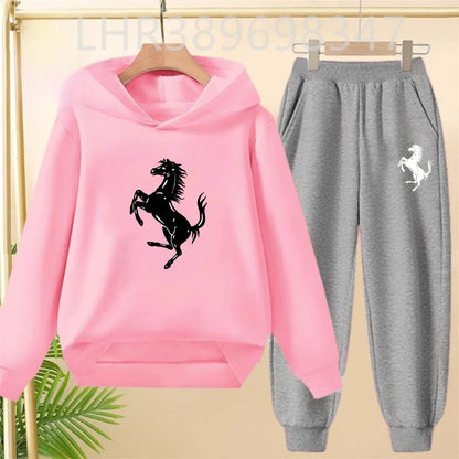 Children's Hoodies Top+Bottom Suit Girls Pink Boy Black Age 3-12 Coat Casual Toddler Long Sleeves Autumn Pegasus Print Clothing