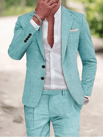 2 Pieces Linen Men Suits for Summer Beach Notch Lapel Slim Fit Two Buttons Groom Tuxedo Sets Blazer with Pants Custom Made