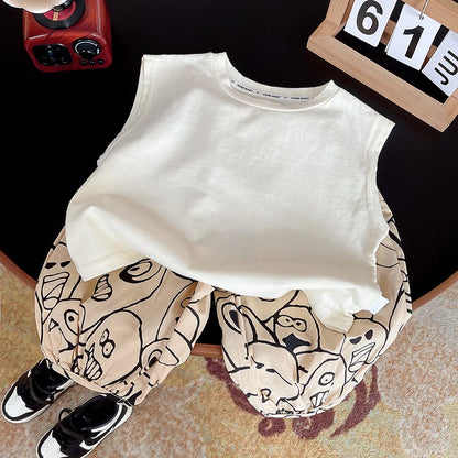 Summer Baby Boy Cartoon Graffiti Clothes Sets Children Fashion Sleeveless Top Shorts 2Pcs/Set Toddler Casual Suits Kids Clothing