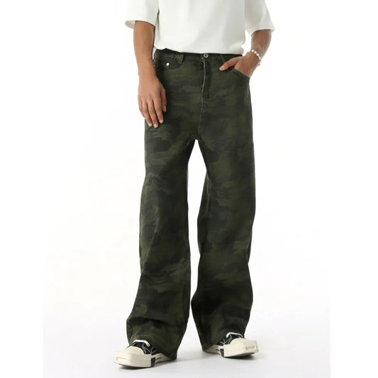 2025 Four Seasons Men's Youth Popular Multi color Pattern Camouflage Pants Basic Versatile Straight Wash Casual Cowboy Pants