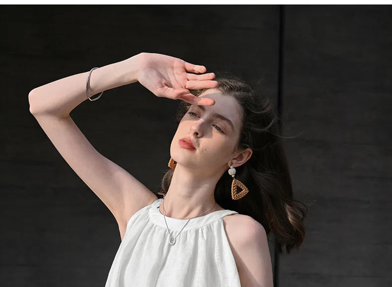 100% Linen Halter Tops Women 2026 Summer New Round Neck Sleeveless Tank Top French Office Ladies Loose Camisoles
