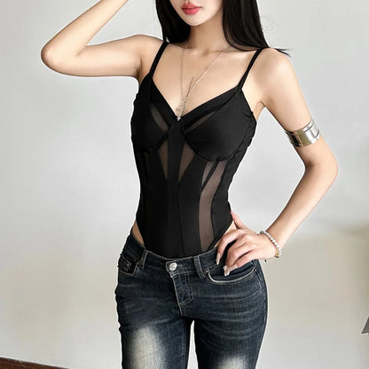 Women's Solid Color Jumpsuit Perspective Lace Mesh Jumpsuit Summer Casual Sleeveless Bodysuit Casual Street Outfit