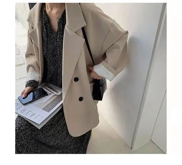Oversize Blazers Women Long Sleeve Black Suit Streetwear Korean Chic Loose Jacket Spring Autumn Coat Double-breasted Tweed New
