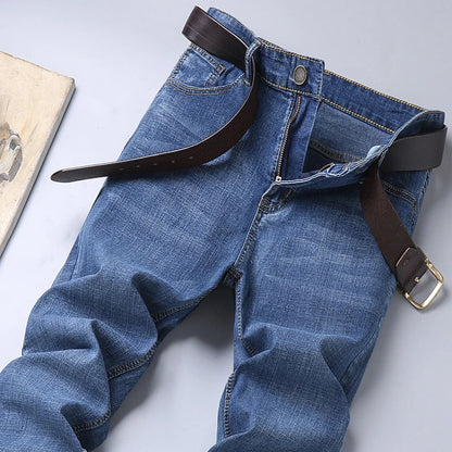 Spring Autumn Business Men Jeans Casual Straight Stretch Fashion Classic Black Sky Blue Grey Work Denim Trousers Brand Clothing