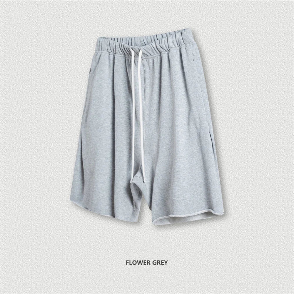 New Summer Men Retro Washed Shorts Unisex Drawstring Loose Edge 420gsm Solid Knee Length Cotton Pants Streetwears HY0589