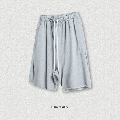 New Summer Men Retro Washed Shorts Unisex Drawstring Loose Edge 420gsm Solid Knee Length Cotton Pants Streetwears HY0589