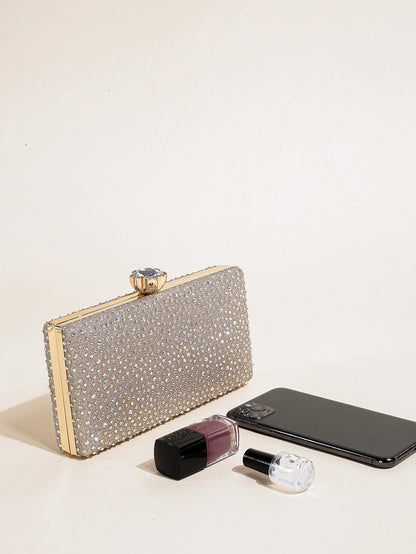 Classic Elegant Mini Square Rhinestone Decor Evening Clutch Bag, Clip Women's Dinner Wallet, Luxury Prom Bag
