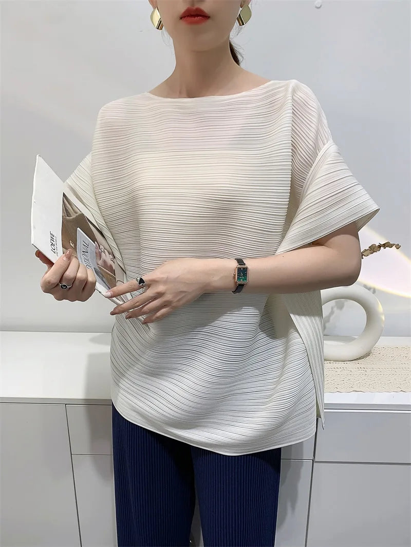 2025 Summer T-shirt Miyake Comfortable Casual Loose Pleated Top Women Short Sleeve Slim Commuter Office Clothes Wrinkle-Free