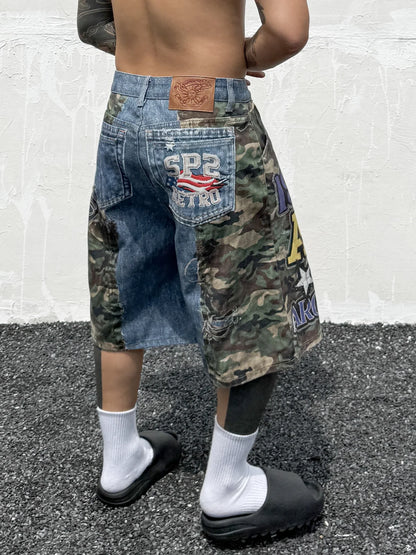 Hip Hop Camouflage Letter Embroidery Loose Fit Five Pocket Mens Streetwear Short Pants Cotton Denim Patchwork Women Shorts