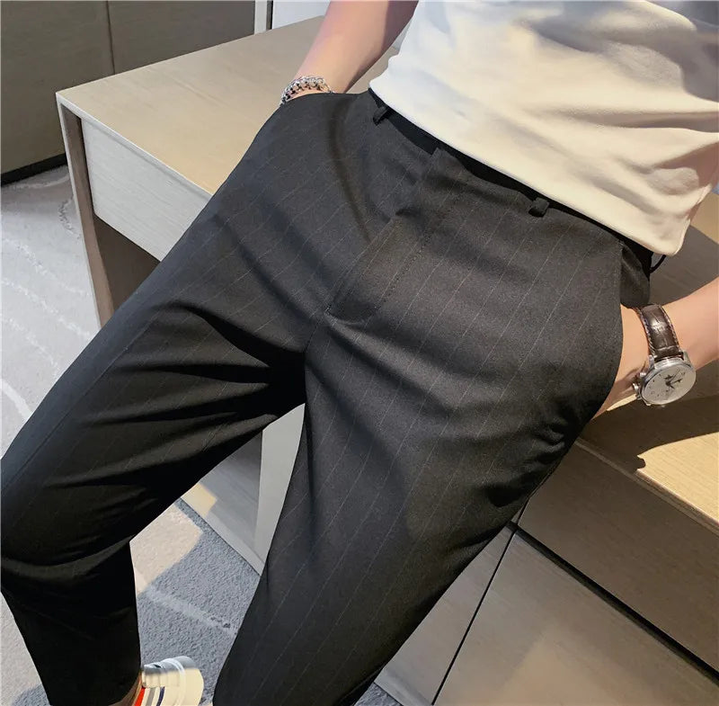 High Quality Fashion Striped Casual Men's Suit Pants 2026 New Business Office Social Wedding Slim Fit Trousers Oversized Size