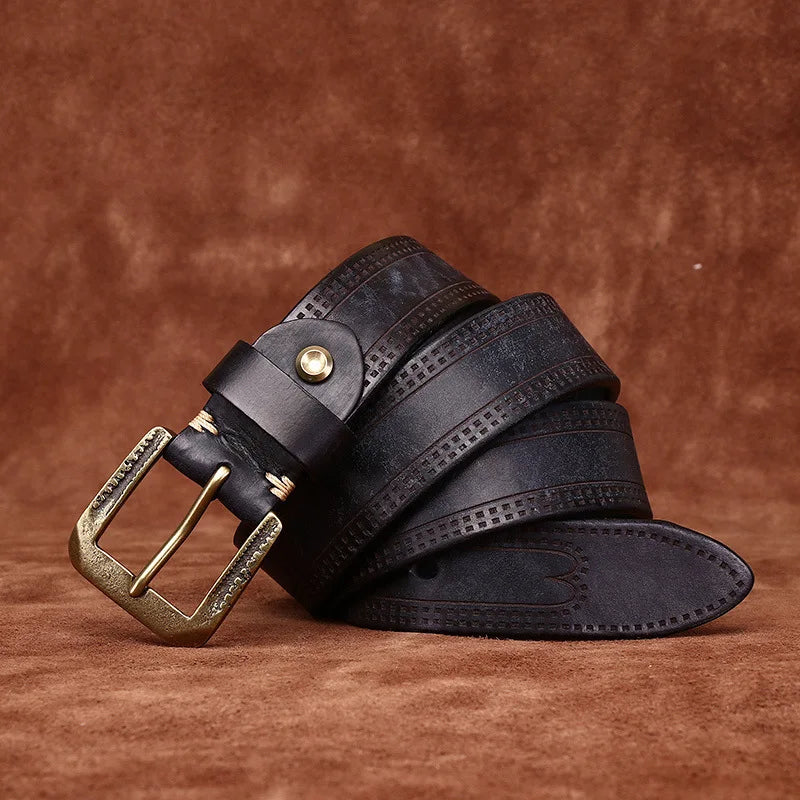 3.8CM Pure Cowhide High Quality Genuine Leather Belts for Men Brand Strap Male Brass Retro Buckle Jeans Cowboy Cintos Luxury