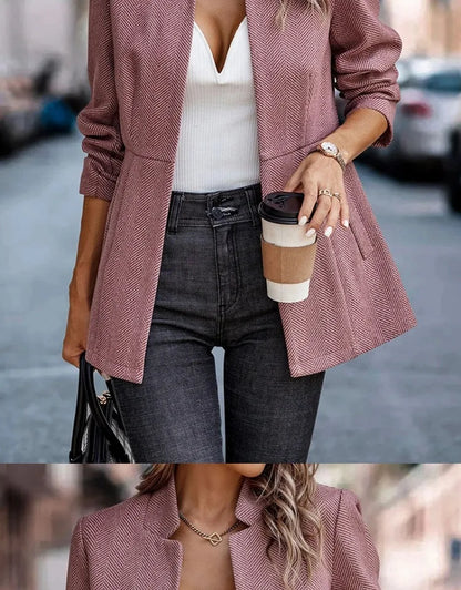 Commute Style Simple Design Woolen Suit Coat Pink Lapel Open Cardigan Short Length Polyester Fiber Women's Fashion Outerwear