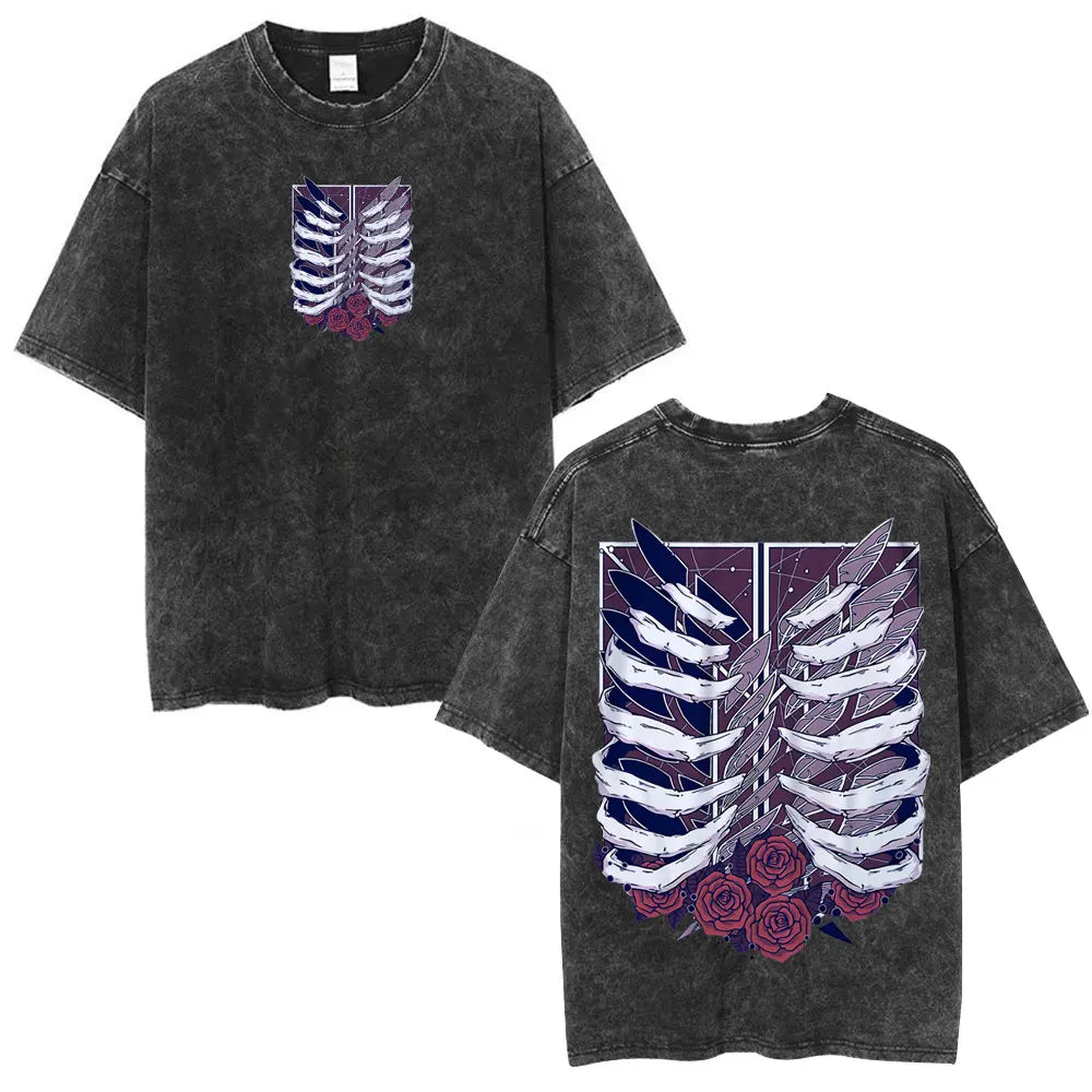 Anime Attack on Titan Washed T-Shirt Ackerman Mikasa Eren Jaeger Cherry Blossom Graphics Logo T Shirt Men Women Cotton T Shirts