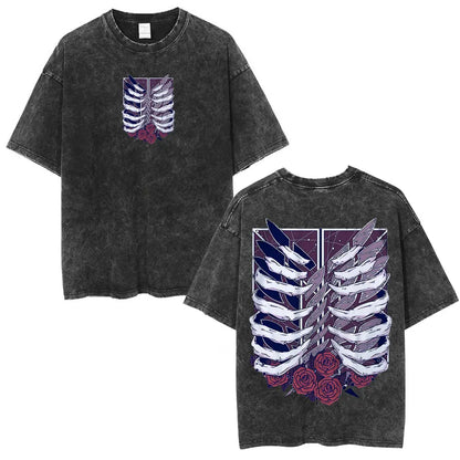 Anime Attack on Titan Washed T-Shirt Ackerman Mikasa Eren Jaeger Cherry Blossom Graphics Logo T Shirt Men Women Cotton T Shirts
