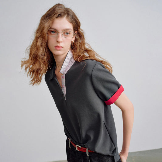 Women Piqué Polo Tees 2026 Summer New Upgraded Color-Block Plaid Fold-Back Sleeve Vintage Casual Tops