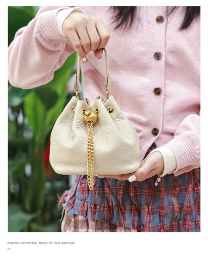 New Vintage Fashion Chain Bag Genuine Leather Multi-Way Bucket Bag for Women Compact Stylish Crossbody Purse