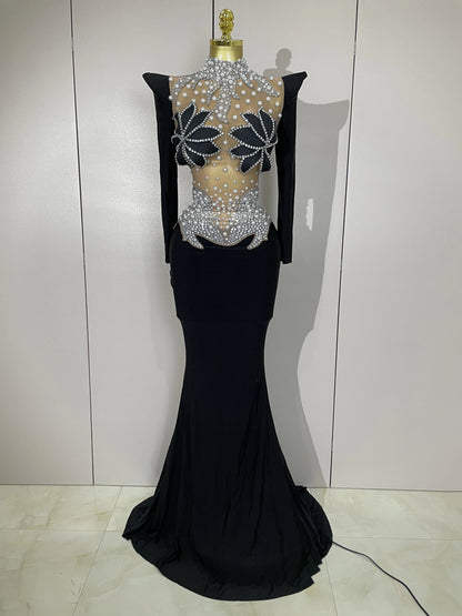 Luxury Sparkly Diamonds Pearl White See Through Mesh Long Dress Women Wedding Evening Party Stage Performance Photoshoot Dress