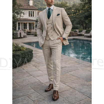 Men Beige Linen 3 Piece Suit Peak Lapel Single Breasted Blazer Vest And Pants Smart Casual Formal Wedding Party Summer Outfit