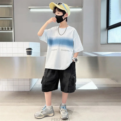 Luxury Children's Summer Clothing Top and Bottom Set For Boys 2PCS Cotton Outerwear Suit Kids School Clothes Tracksuit Age 5-14Y