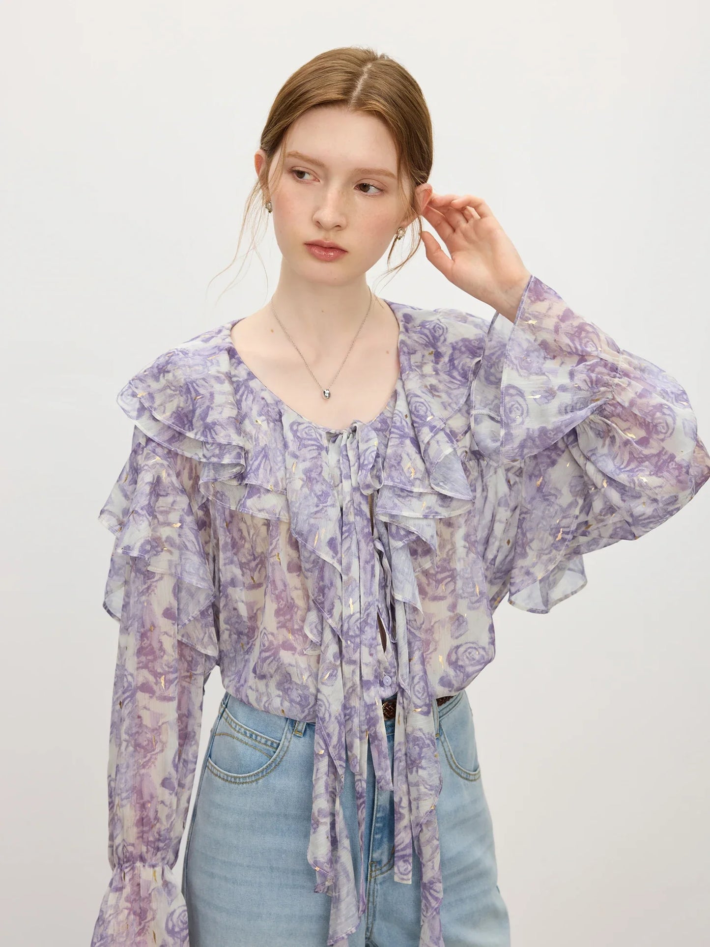 French Rose Ruffle Collar Shirt Women 2025 Summer New Commuter Long-sleeved Top 25FS12769