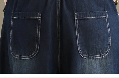 Retro Full Cotton Waed Denim Pants Women Summer Elastic Waist Thin Slimming Lantern Pants Marked Line Nine Points Harlan Pants