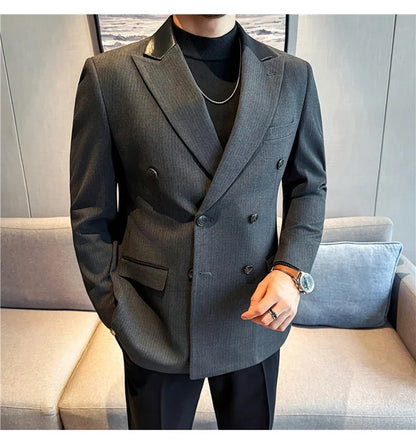 (1 Pcs Jackets) New Thicken Thicken Striped Casual Suit Jacket Fashion Splicing Leather Neck Men's Business Slim Blazers Tuxedos