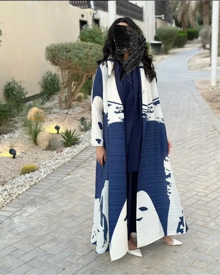 Women's Fold Miyake Pleated Abaya Long Sleeve Print Foldable Collar Robe Cardigan Coat New Winter Fashion Original Design 2026