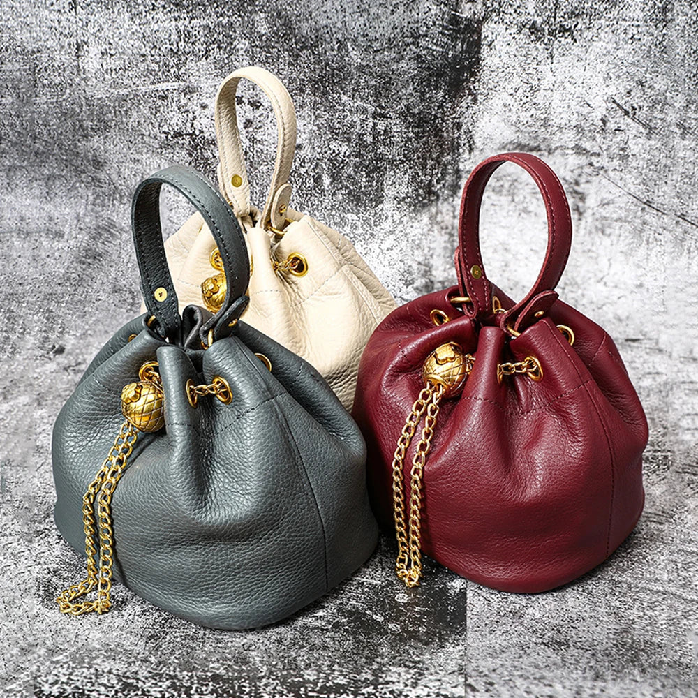 New Vintage Fashion Chain Bag Genuine Leather Multi-Way Bucket Bag for Women Compact Stylish Crossbody Purse