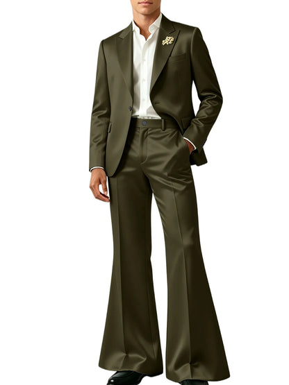 Luxury Men's Shiny Satin Suit 2 Piece Notch Lapel 1 button Jacket Wide Leg Flared Pants Wedding Groom Tuxedo Formal Party