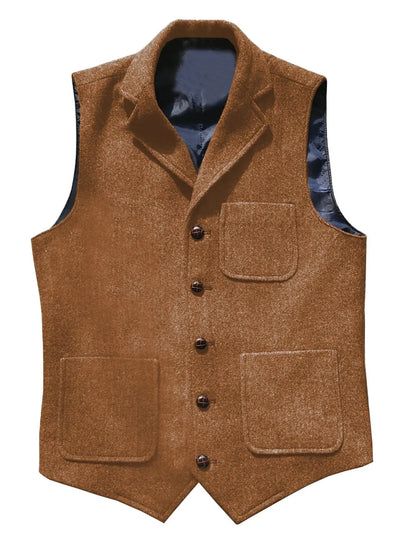 Men Vest Brown With Lapel Pocket Single Button Waistcoat For Wedding Birthday Formal Business Casual Banquet Work Men Suit