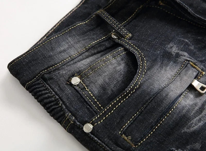 Zipper Pocket Retro Nostalgic Jeans Men's New Style High Street Motorcycle Fashion Stretch Slim Straight Denim Trousers Male