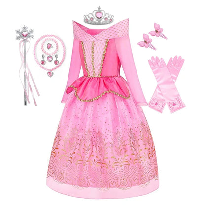 Sleeping Beauty Aurora Princess Dress Cosplay Off Shoulder Kids Gifts Fancy Halloween Party Girl Baby Lace Dress Set