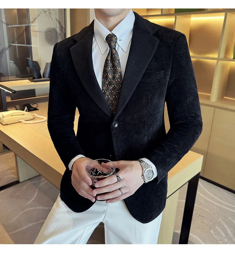 Autumn Winter Fashion Seaweed Pattern Suit Jacket High Quality Luxury Slim Fit Casual Men's Blazers Coats Social Prom Tuxedo