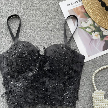 Women Hotsweet Sleeveless Sexy Chest Cushion Lace Backless Embroidered Beads Slim Straps Camis Top High Street Autumn Clothing