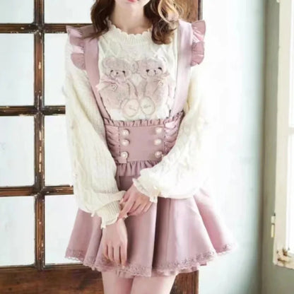 Japanese Gothic Lolita Ribbon Short Suspender plaid Skirt Girls Sweet Cute Lace A-Line Mini Skirts summer2026 black solid kawaii