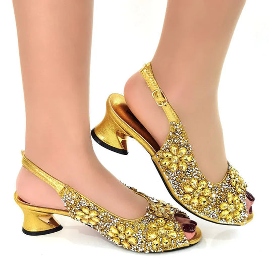 2022 Women's Party Sandals Fashion Full Diamond Flower Design Heel High 5CM Champagne Color Wedding Banquet Ladies Shoes