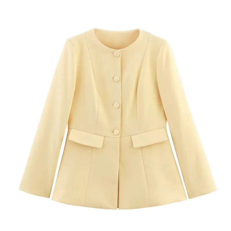 2025  women's new elegant fashion retro round neck cut waist slit long-sleeved casual suit jacket