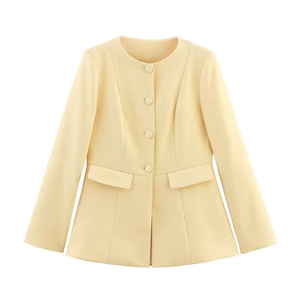 2025  women's new elegant fashion retro round neck cut waist slit long-sleeved casual suit jacket