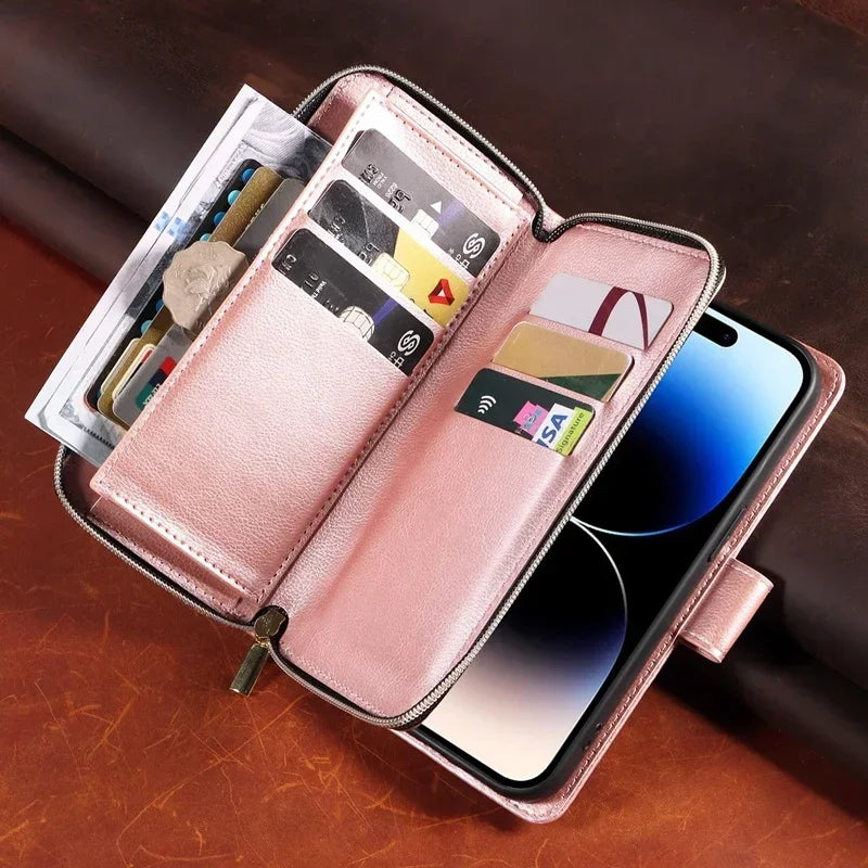 Double Layer Zipper Wallet Case with 9 Card Slots for iPhone 16 16E Pro Max 15 14 Plus13 12 Pro Max PU Leather Flip Cover