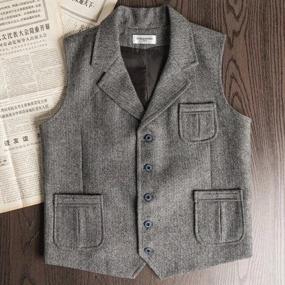 Men Vest Brown Herringbone Single Button With Lapel And Pocket Waistcoat For Wedding Banquet Business Casual Work Men Suit Vest
