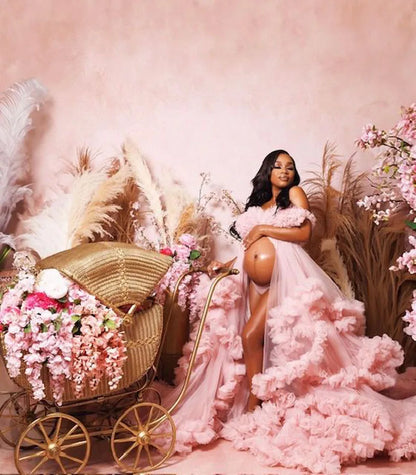 Off Shoulder Spaghetti Ball Gown Maternity Dresses for Photoshoot Hot Sale Pink Pregnant Woman Dress for Babyshower Cloud Dress
