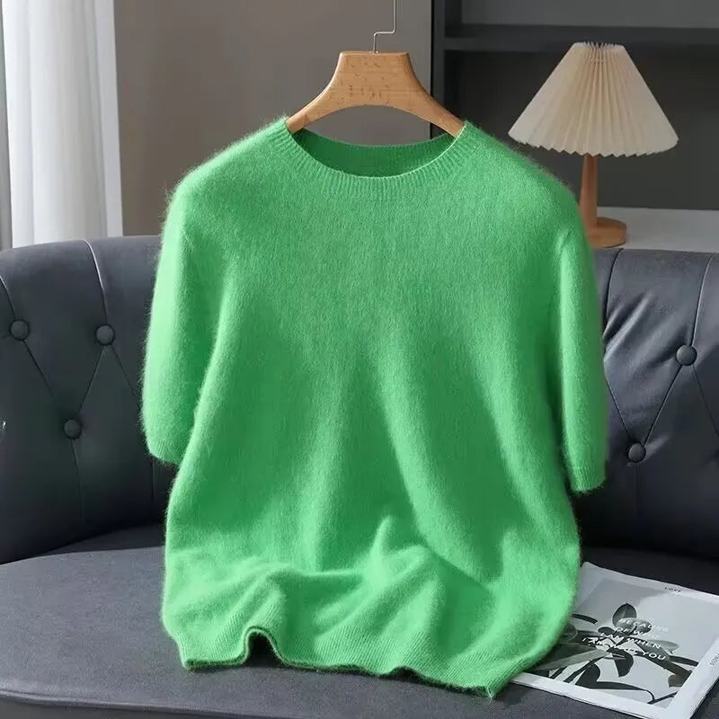 100% Mink Cashmere Knitted Short Sleeved Men's Loose Round Neck Solid Color Half Sleeved Simple T-Shirt Casual Business Cashmere