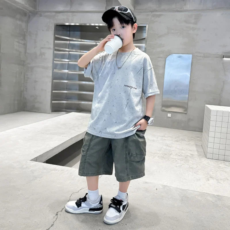 Summer Suit for Boy with Shorts Two Piece Clothing Set Kids Child Cotton Top and Bottom Clothes Set Casual Outfit Tracksuit 5-14