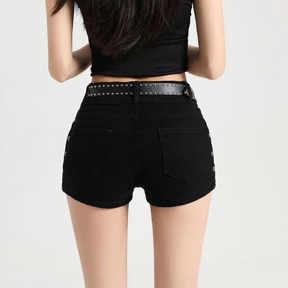 Summer Black Sexy Low Waist Y2K Jean Shorts Women Holiday Punk Gothic Denim Pants Korean Daily Fashion Skinny Strech Shorts+Belt