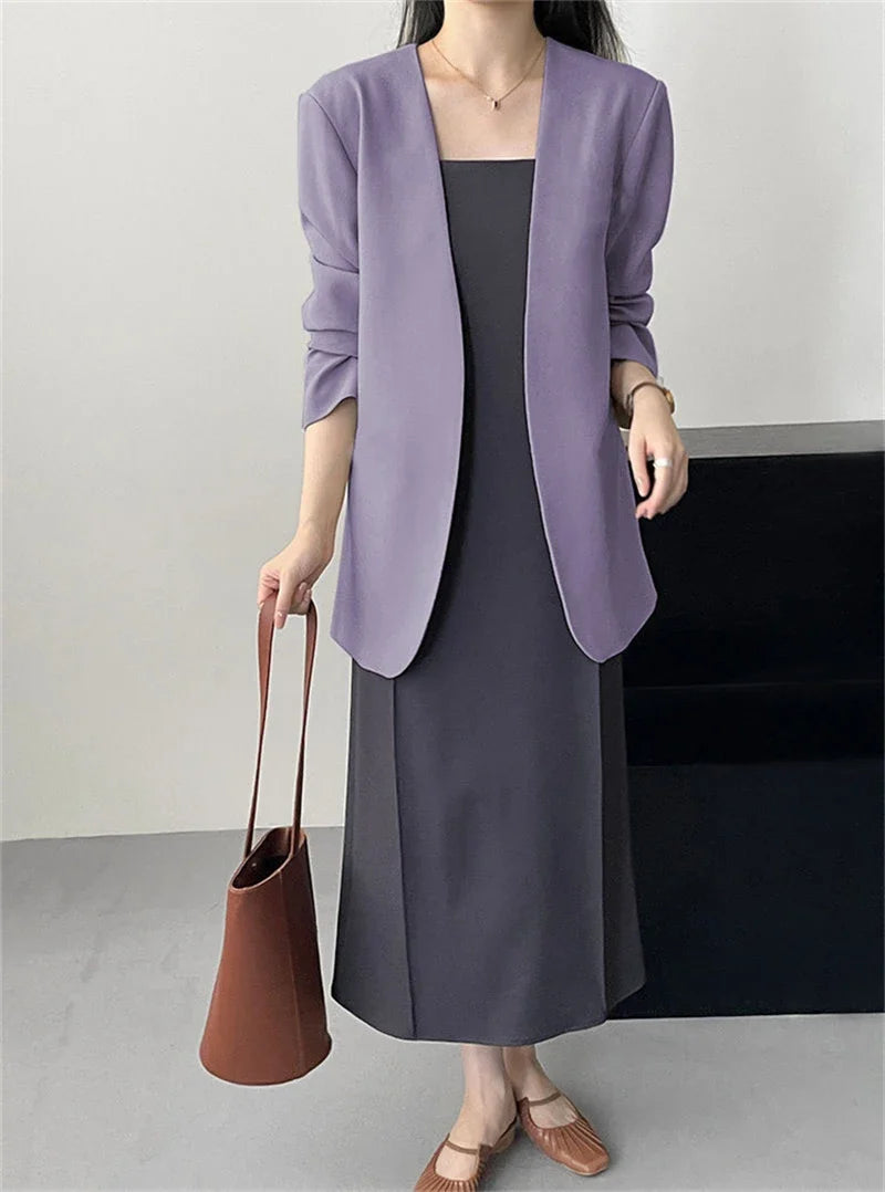 Fashion New Solid Casual Joker Women's Blazer Spring Autumn No Placket Cardigan Suit Jackets V-neck Long Sleeve 19-Color Coats