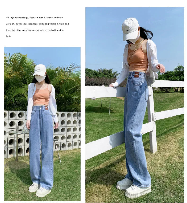 Y2K Woman Jeans High Waist Wide Leg Cotton Denim Clothing Blue White Streetwear Vintage Fashion Harajuku Straight Pants