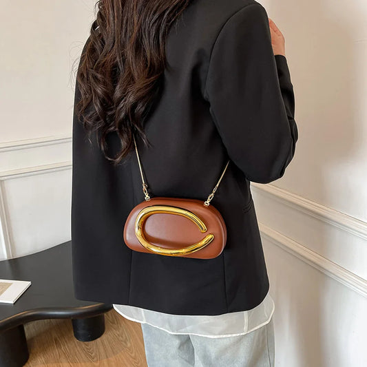 Women PU Leather Metal Handle Handbag & Removable Strap Crossbody Shoulder Bag Hand-held Shoulder Clutch Bag for Evening Dinner